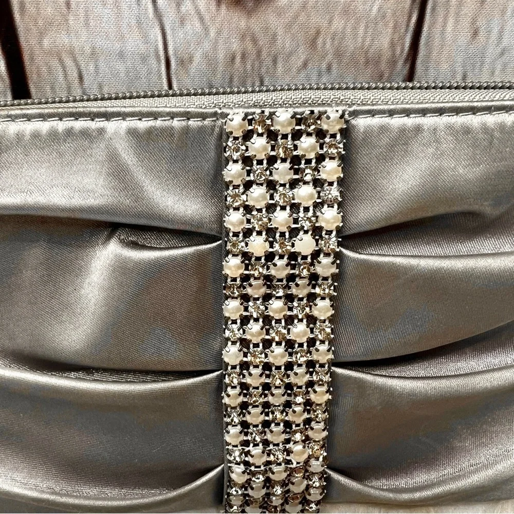 RSVP Charming Charlie Clutch Purse Silver Satin Rhinestone Pearl Wristlet Glam